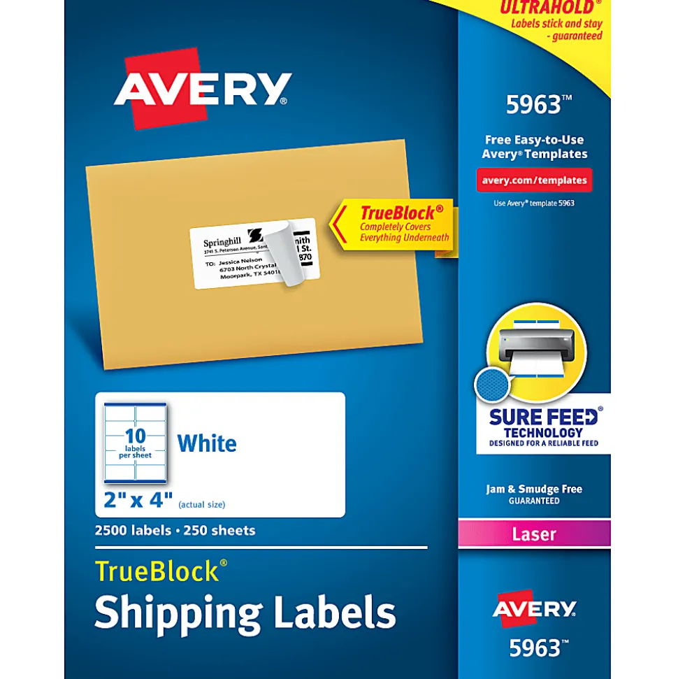 Avery® TrueBlock® Shipping Labels With Sure Feed® Technology, 5963, Rectangle, 2" x 4", White, Pack Of 2,500