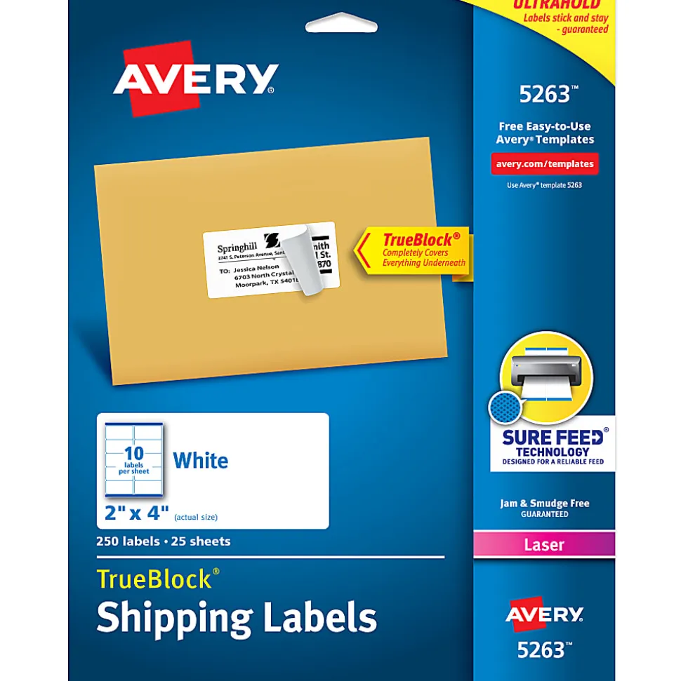 Avery® TrueBlock® Shipping Labels With Sure Feed® Technology, 5263, Rectangle, 2" x 4", White, Pack Of 250