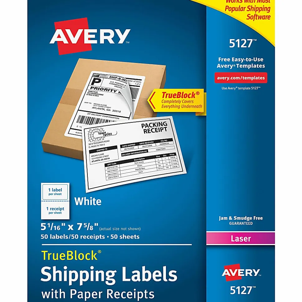 Avery® TrueBlock® White Laser Shipping Labels, With Paper Receipt, 5127, 5 1/16" x 7 5/8", Pack Of 50