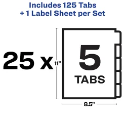 Avery® Unpunched Customizable Dividers For Use With Any Binding System, 5 Tab, White, 25 Sets - 11443