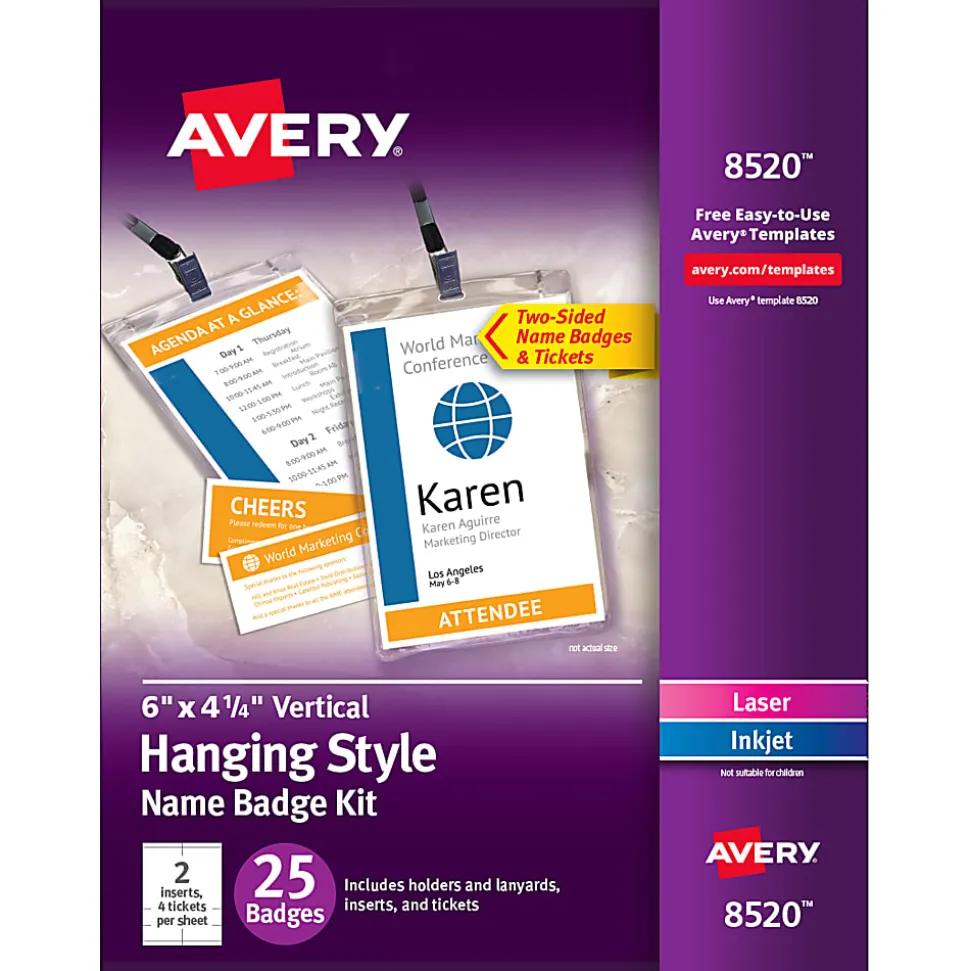 Avery® Vertical Name Badge Kit, 6" x 4 1/4", 8520, White, Pack Of 25 Badges