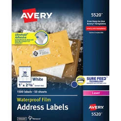 Avery® Waterproof Address Labels With Ultrahold®, 5520, Rectangle, 1" x 2-5/8", White, 1,500 Labels For Laser Printers