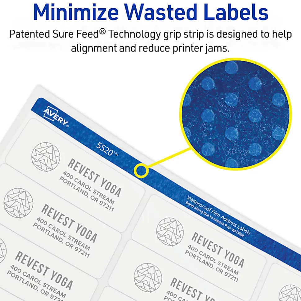 Avery® Waterproof Labels With Ultrahold®, 05523, Rectanlge, 2" x 4", White, 500 Labels For Laser Printers