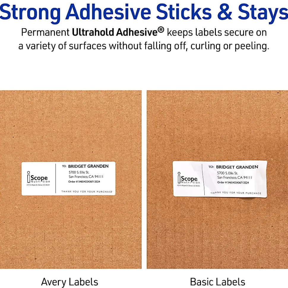 Avery® Waterproof Labels With Ultrahold®, 05523, Rectanlge, 2" x 4", White, 500 Labels For Laser Printers