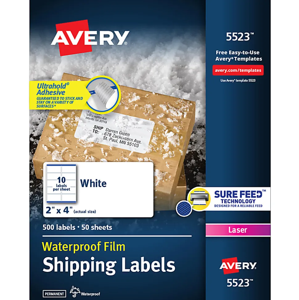 Avery® Waterproof Labels With Ultrahold®, 05523, Rectanlge, 2" x 4", White, 500 Labels For Laser Printers