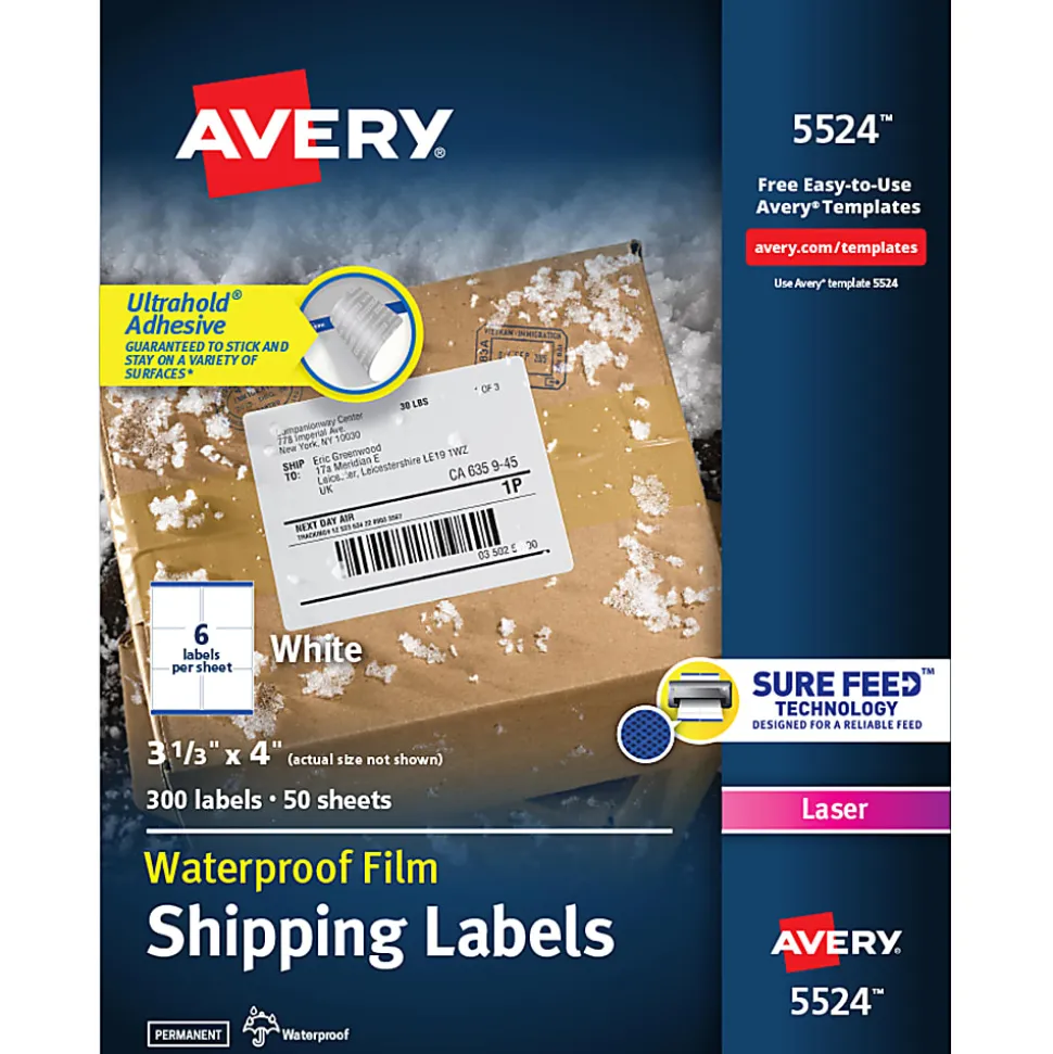 Avery® Waterproof Labels With Ultrahold®, 05524, Rectanlge, 3-1/3" x 4", White, 300 Labels For Laser Printers