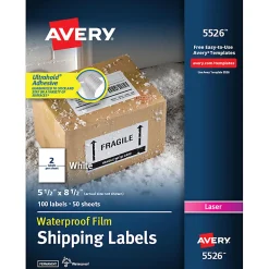 Avery® Waterproof Shipping Labels With Ultrahold®, 5526, Rectangle, 5-1/2" x 8-1/2", White, 100 Labels For Laser Printers