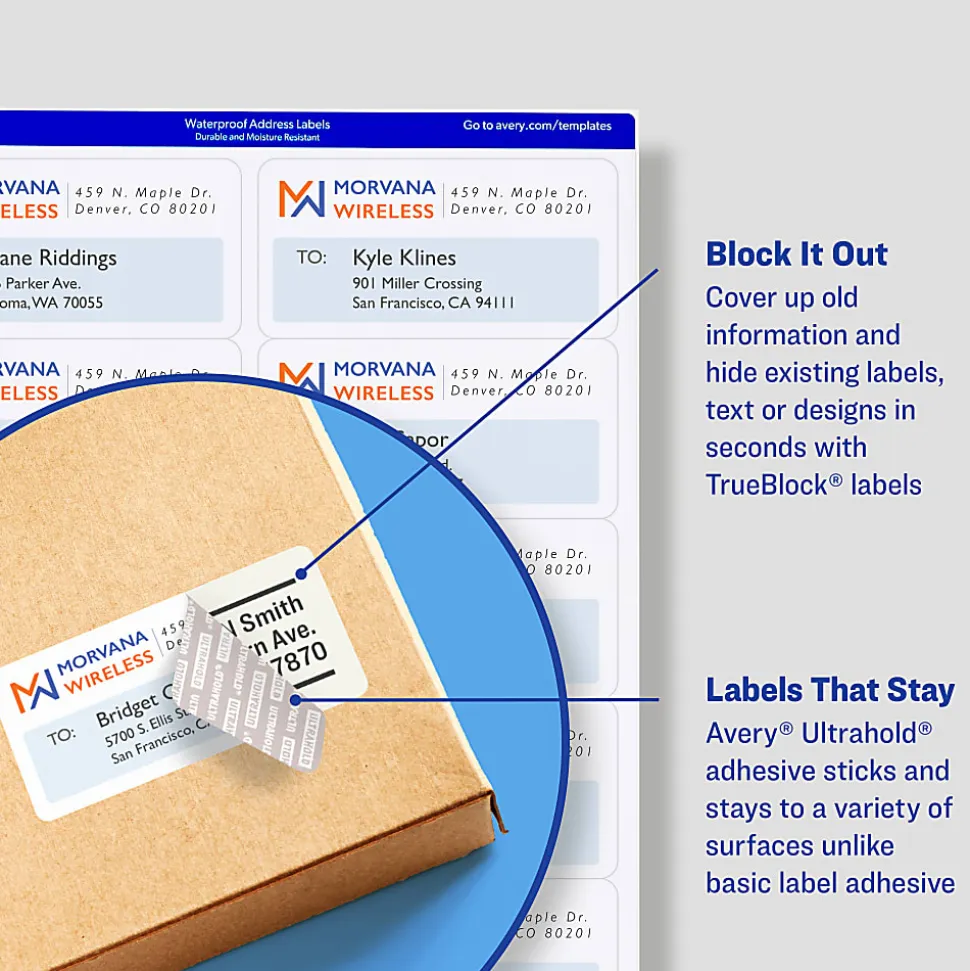Avery® Waterproof Shipping Labels With Ultrahold®, 15516, Rectangle, 5-1/2" x 8-1/2", White, 20 Labels For Laser Printers