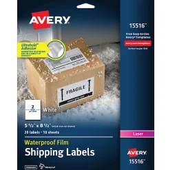 Avery® Waterproof Shipping Labels With Ultrahold®, 15516, Rectangle, 5-1/2