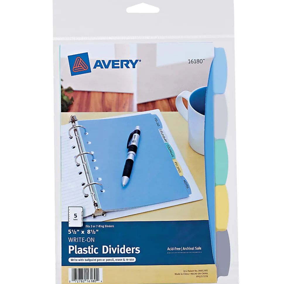 Avery® Write & Erase Plastic Dividers, 5 1/2" x 8 1/2", Multicolor, 5-Tab