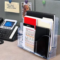 Azar Displays 3-Tier File And Brochure Desktop Wall Organizer With Dividers, 11-1/2"H x 3-1/2"W x 13-3/8"D, Clear