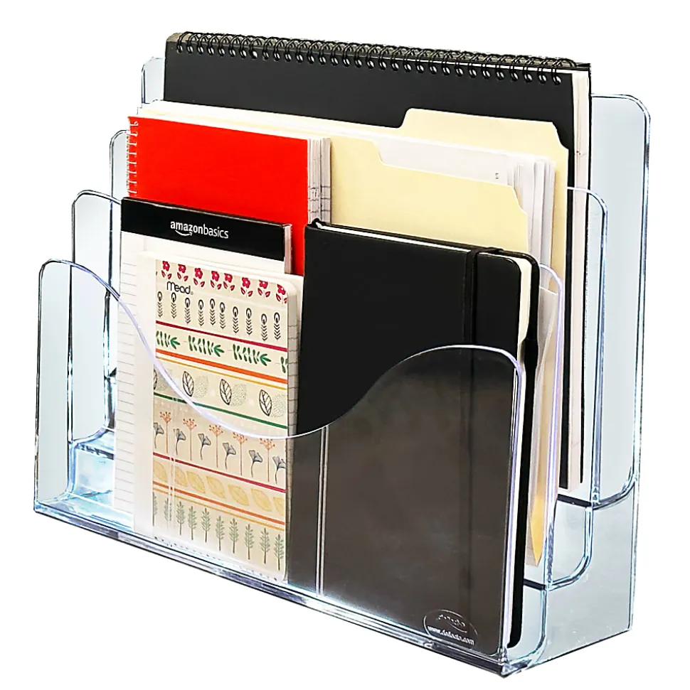 Azar Displays 3-Tier File And Brochure Desktop Wall Organizer With Dividers, 11-1/2"H x 3-1/2"W x 13-3/8"D, Clear