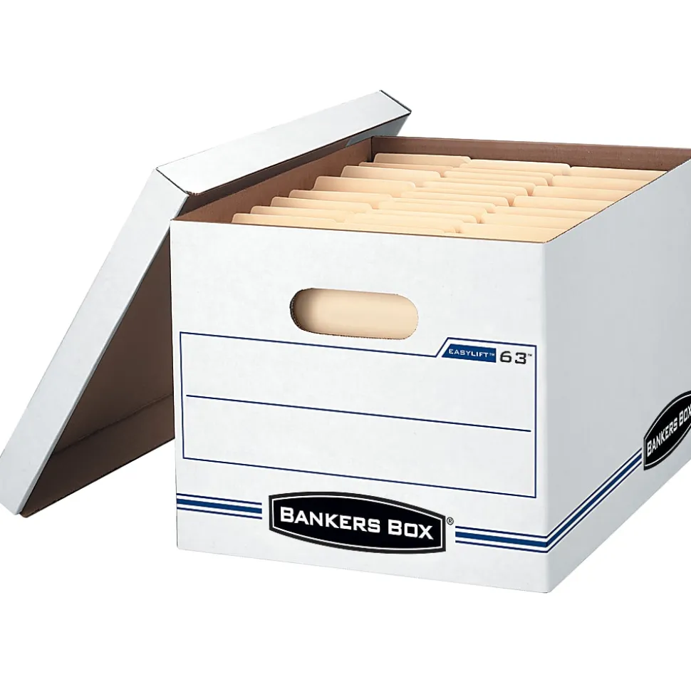 Bankers Box® Easylift™ Standard-Duty Storage Boxes With Lift-Off Lids And Built-In Handles, Letter/Letter Size, 12" x 12" x 10", White/Blue, 12/Pack