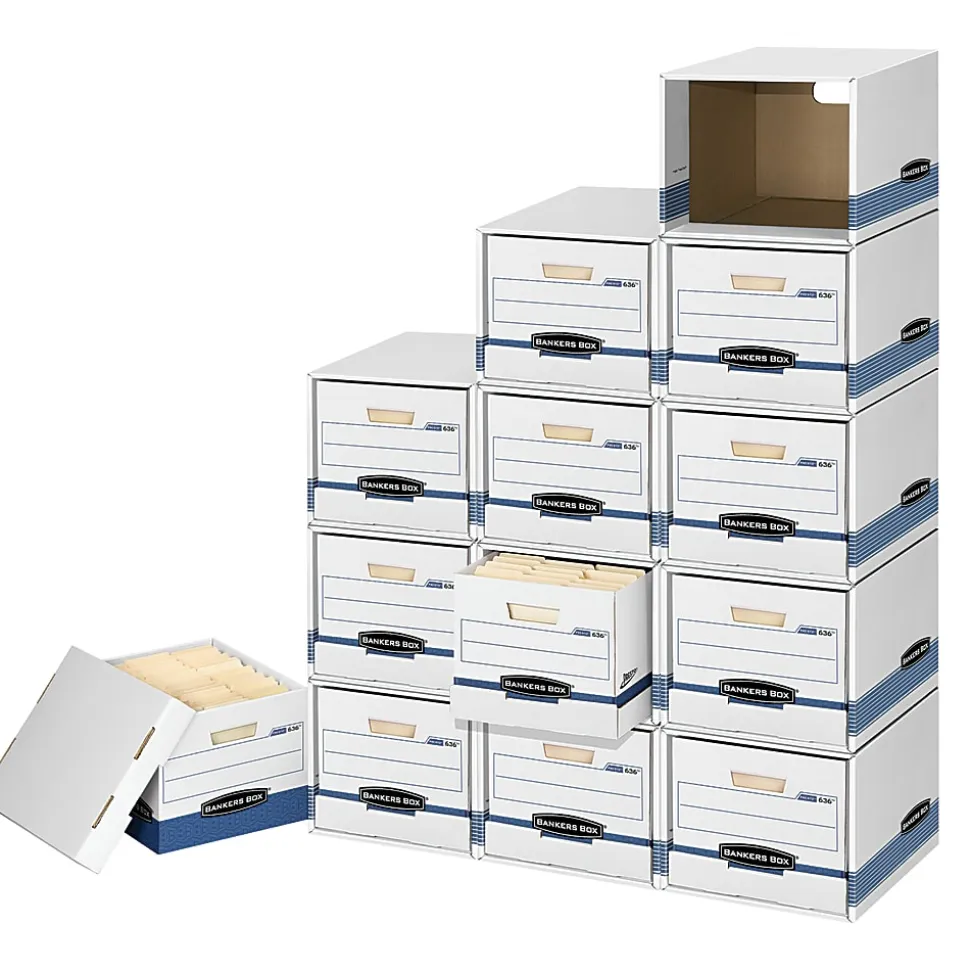 Bankers Box® File/Cube™ Storage Box Shells, Letter/Legal, 15" x 12" x 10", 60% Recycled, White/Blue, Pack Of 6