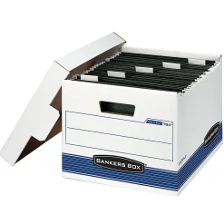Bankers Box® Hang'N'Stor™ Medium-Duty Storage Boxes, Letter Size, 15" x 12 1/4" x 9 3/4", White/Blue, Case Of 4 - 784