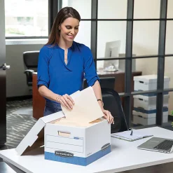 Bankers Box® Hang'N'Stor™ Medium-Duty Storage Boxes, 15 1/2" x 12" x 10", Letter/Legal Size, White/Blue, Case Of 4 - 785