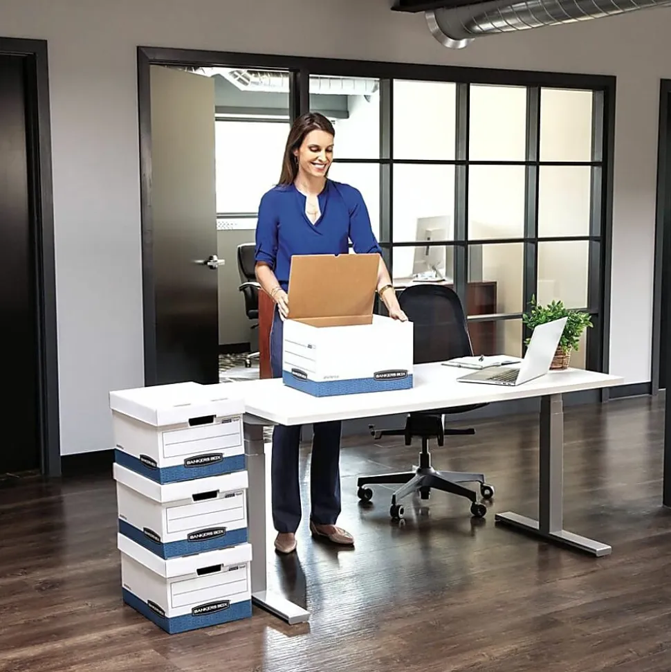 Bankers Box® Hang'N'Stor™ Medium-Duty Storage Boxes, 15 1/2" x 12" x 10", Letter/Legal Size, White/Blue, Case Of 4 - 785