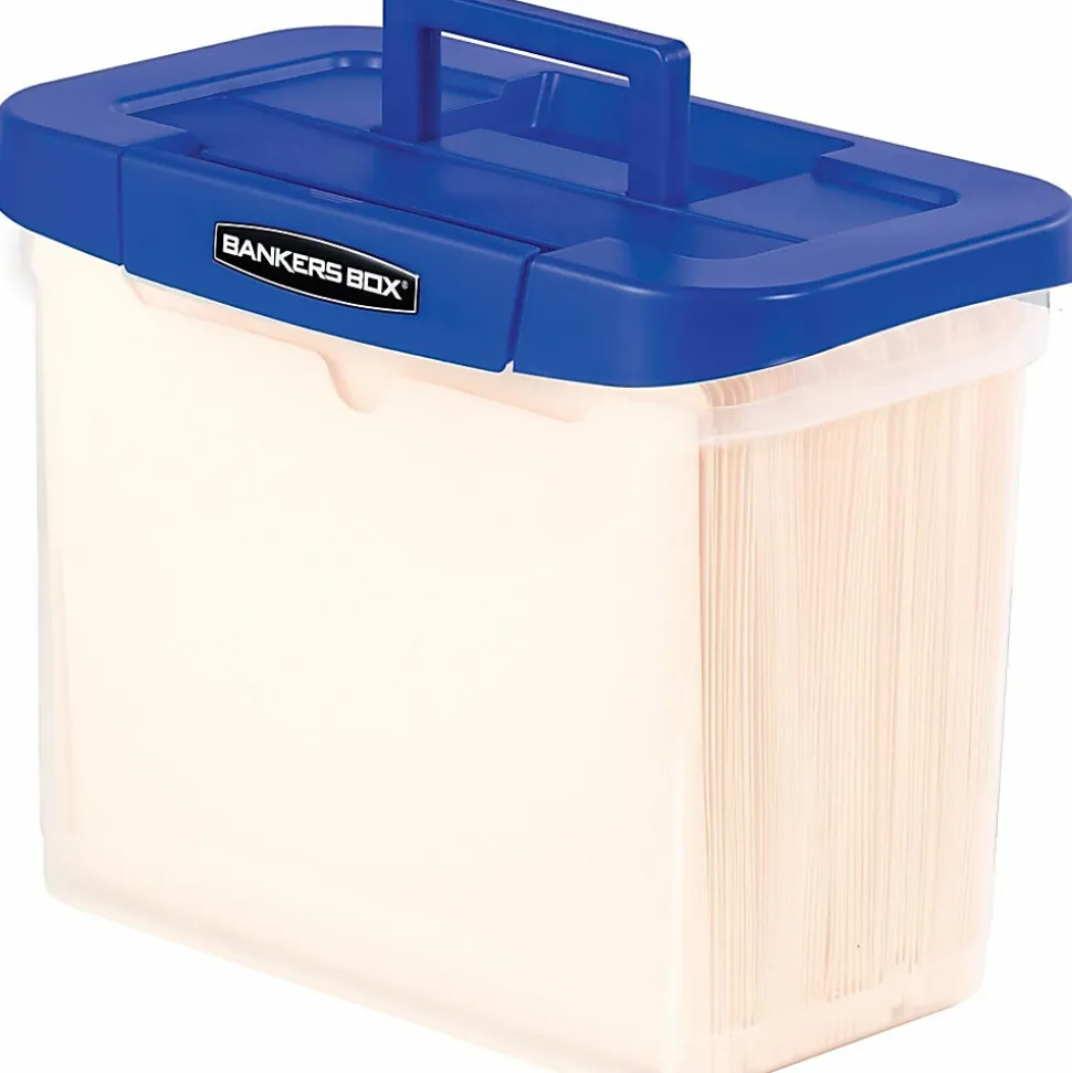 Bankers Box® Heavy-Duty Portable Storage File Box, 10 3/4" x 6 3/4" x 11 3/4", Blue/Clear