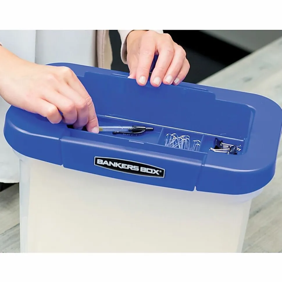 Bankers Box® Heavy-Duty Portable Storage File Box, 10 3/4" x 6 3/4" x 11 3/4", Blue/Clear
