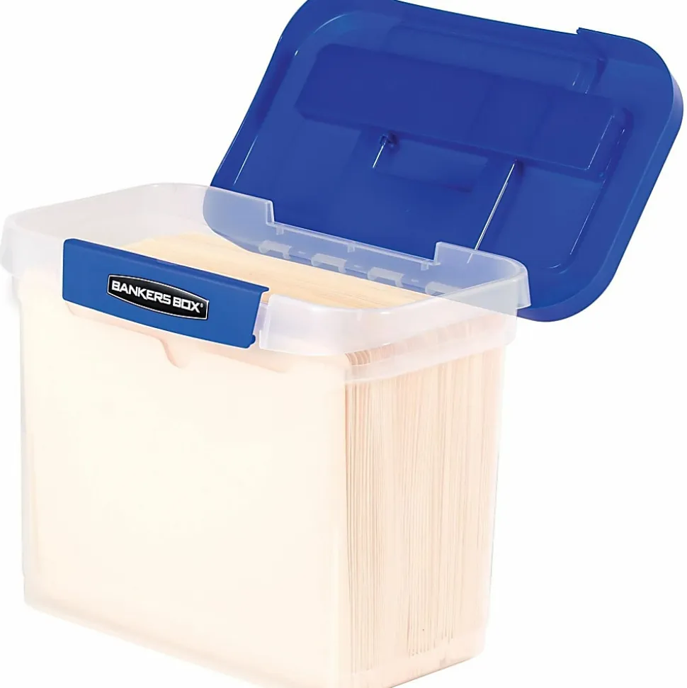 Bankers Box® Heavy-Duty Portable Storage File Box, 10 3/4" x 6 3/4" x 11 3/4", Blue/Clear