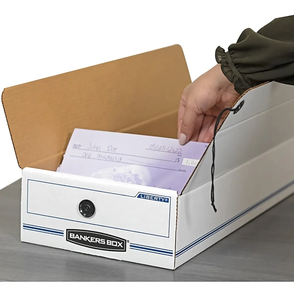 Bankers Box® Liberty® Corrugated Storage Boxes, 4 1/2" x 6 1/4" x 24", White/Blue, Case Of 12