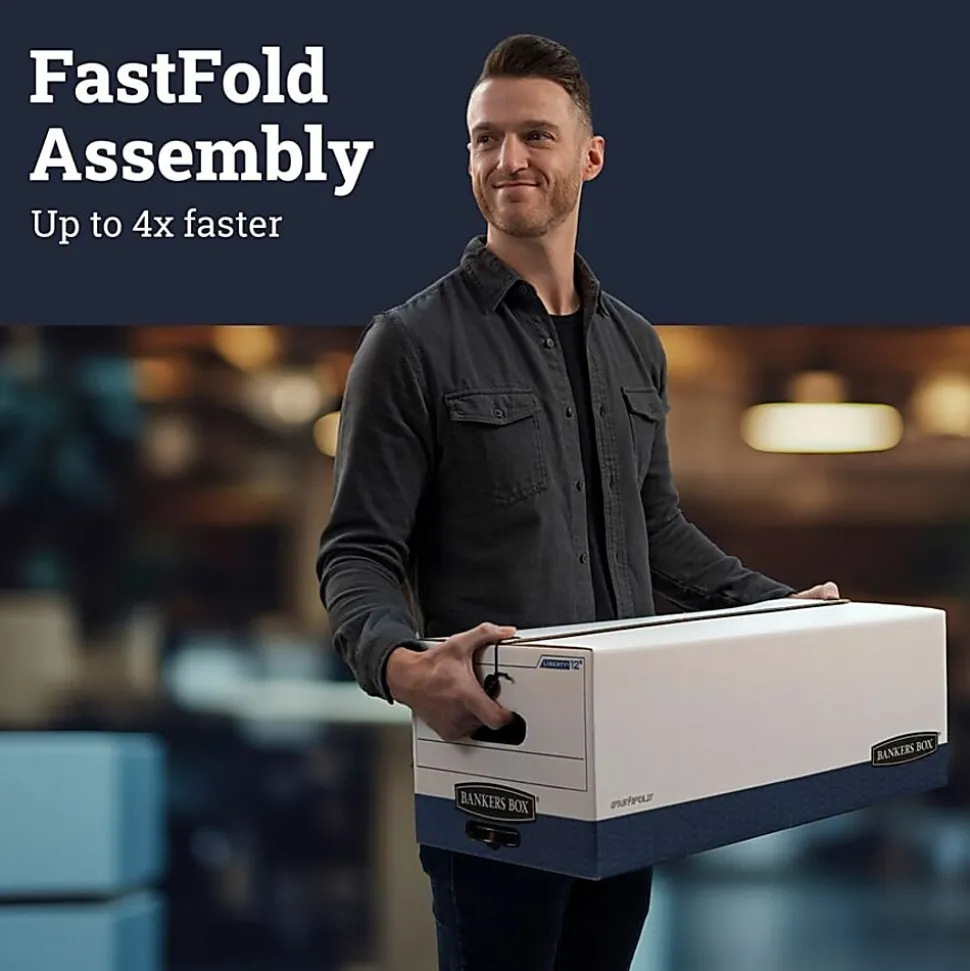 Bankers Box® Liberty® FastFold® Heavy-Duty Storage Boxes, Legal Size, 24" x 15" x 10", White/Blue, Case Of 12 - 00012