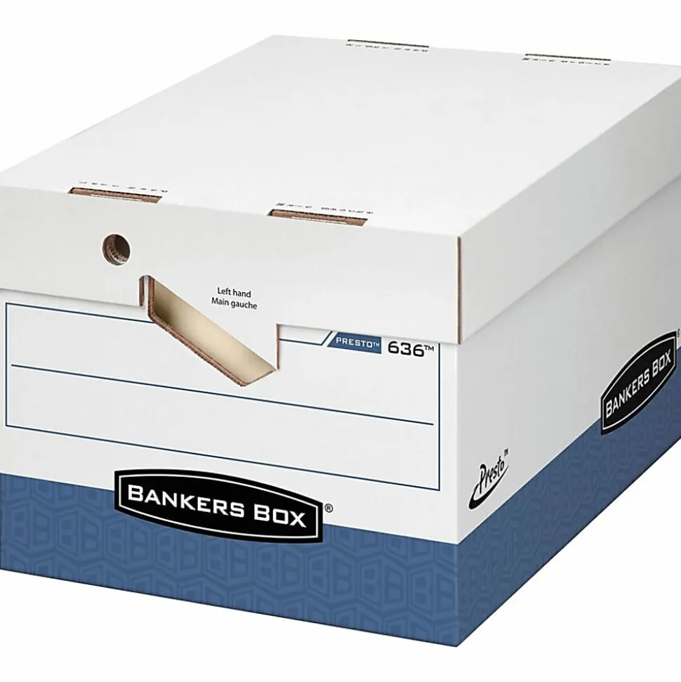 Bankers Box® Presto™ Heavy-Duty Storage Boxes, Letter/Legal Size, 15" x 12" x 10", White/Blue, Case Of 12 - 63601