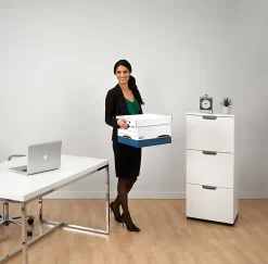 Bankers Box® Presto™ Heavy-Duty Storage Boxes, Letter/Legal Size, 15" x 12" x 10", White/Blue, Case Of 12 - 63601