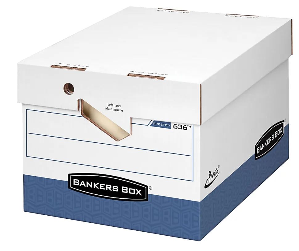 Bankers Box® Presto™ Heavy-Duty Storage Boxes, Letter/Legal Size, 15" x 12" x 10", White/Blue, Case Of 12 - 63601