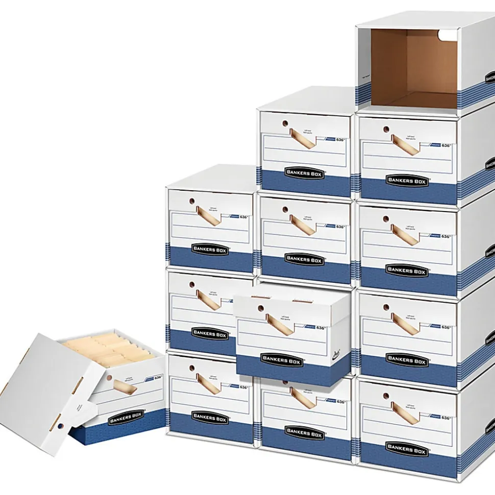Bankers Box® Presto™ Heavy-Duty Storage Boxes, Letter/Legal Size, 15" x 12" x 10", White/Blue, Case Of 12 - 63601