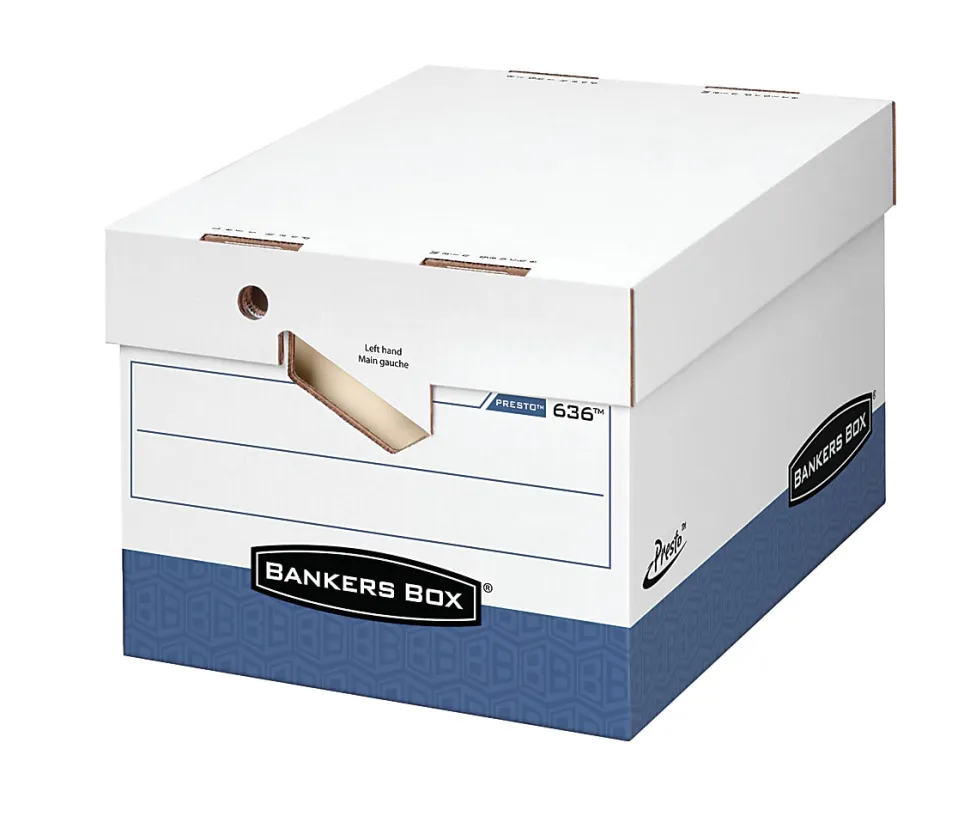 Bankers Box® Presto™ Heavy-Duty Storage Boxes, Letter/Legal Size, 15" x 12" x 10", White/Blue, Case Of 4 - 63602