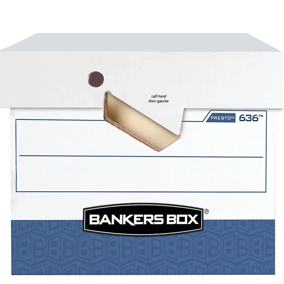 Bankers Box® Presto™ Heavy-Duty Storage Boxes, Letter/Legal Size, 15" x 12" x 10", White/Blue, Case Of 2 - 0063610