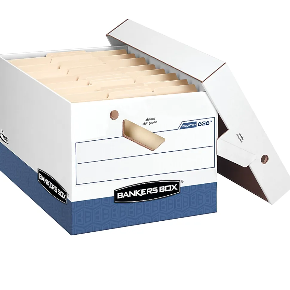 Bankers Box® Presto™ Heavy-Duty Storage Boxes, Letter/Legal Size, 15" x 12" x 10", White/Blue, Case Of 2 - 0063610