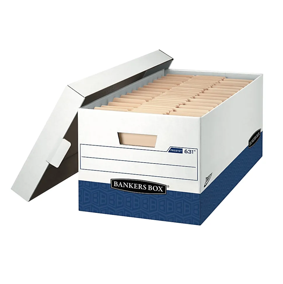 Bankers Box® Presto™ Heavy-Duty Storage Boxes, Letter Size, 24" x 12" x 10", White/Blue, Case Of 12 - 0063610