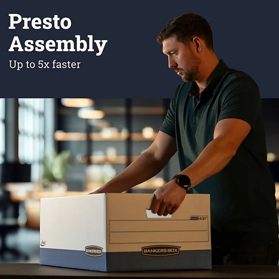 Bankers Box® Presto™ Heavy-Duty Storage Boxes, Letter Size, 24" x 12" x 10", White/Blue, Case Of 12 - 0063610