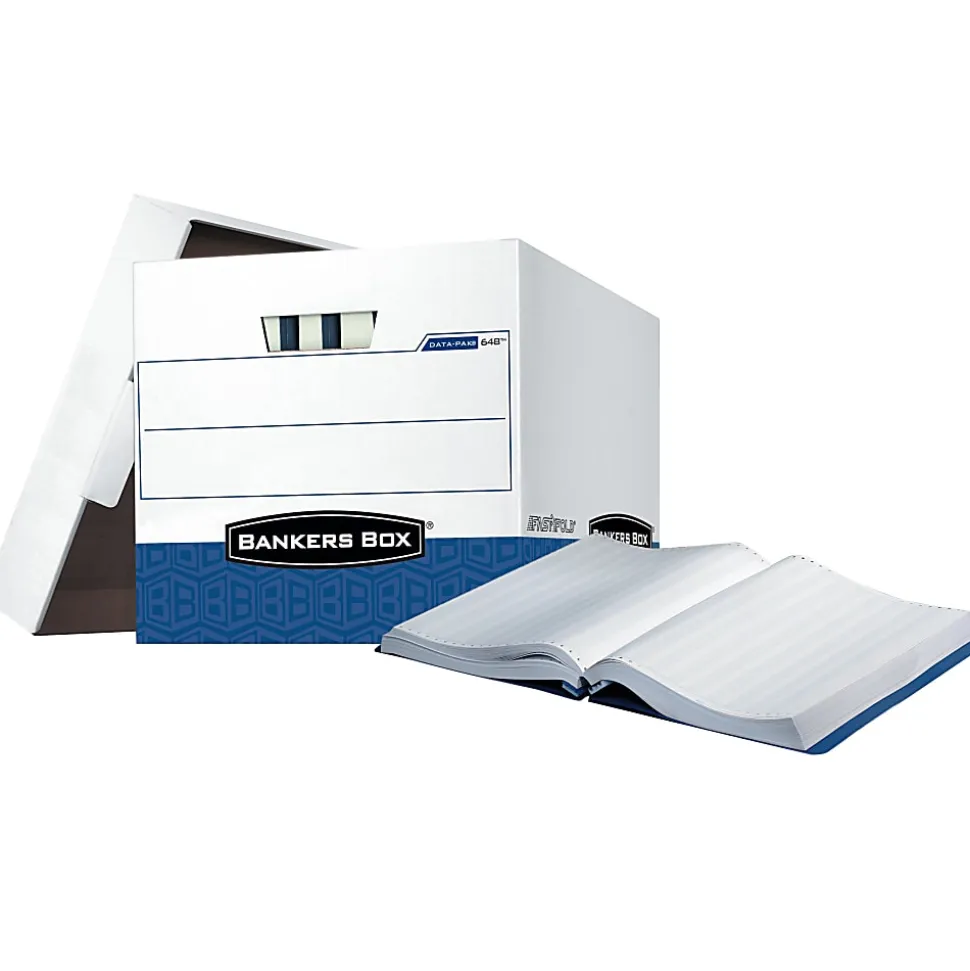 Bankers Box® Printout Data Pak Storage Boxes With Lift-Off Lids, Letter/Legal Size, 13" x 13 3/4" x 17 3/4", White/Blue, Case Of 12