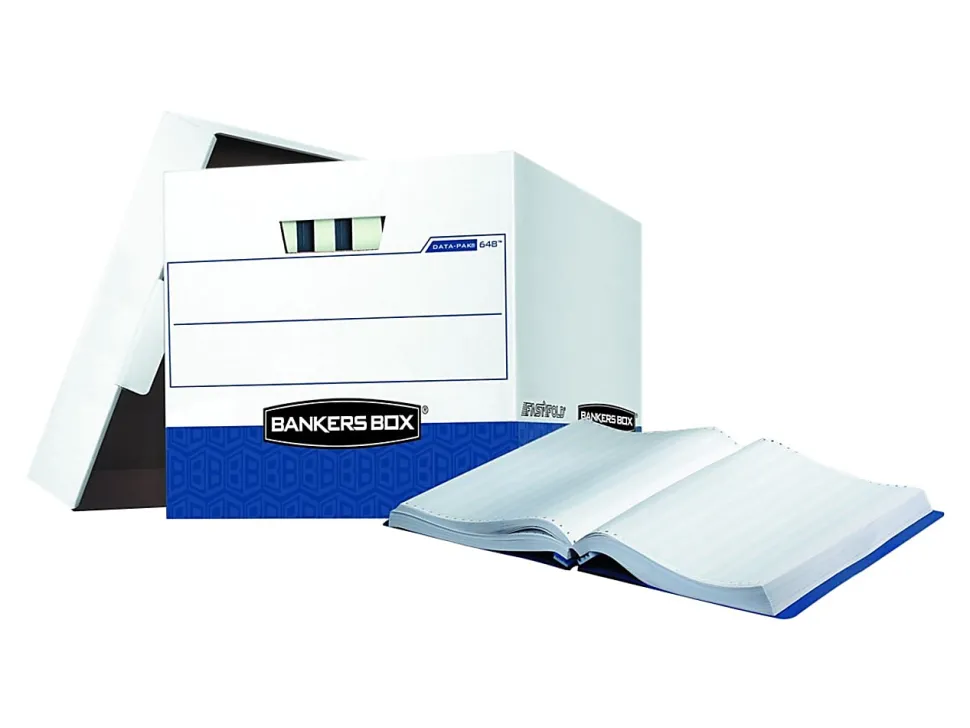 Bankers Box® Printout Data Pak Storage Boxes With Lift-Off Lids, Letter/Legal Size, 13" x 13 3/4" x 17 3/4", White/Blue, Case Of 12