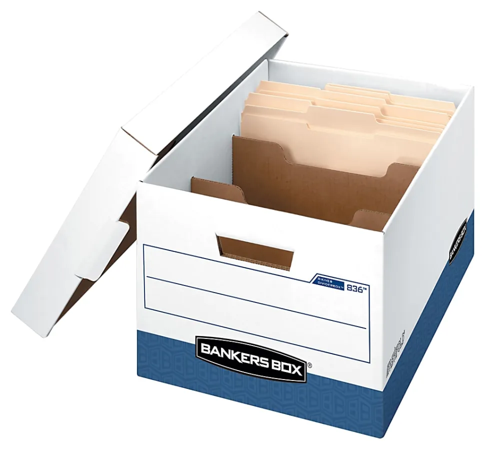 Bankers Box R Kive® DividerBox™ Heavy-Duty FastFold® File Storage Boxes, Letter/Legal Size, 10"H x 12“W x 15"D, White/Blue, Case Of 12 - 83601