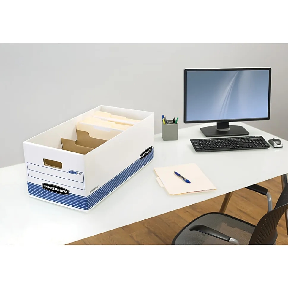 Bankers Box R Kive® DividerBox™ Heavy-Duty FastFold® File Storage Boxes, Letter/Legal Size, 10"H x 12“W x 15"D, White/Blue, Case Of 12 - 83601