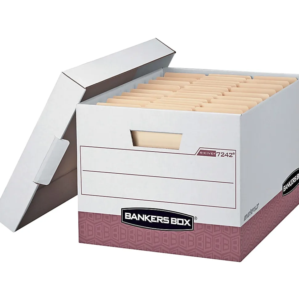 Bankers Box® R Kive® Standard-Duty Storage Boxes With Lift-Off Lids, Letter/Legal Size, 15" x 12" x 10", 60% Recycled, White/Red, Case Of 12