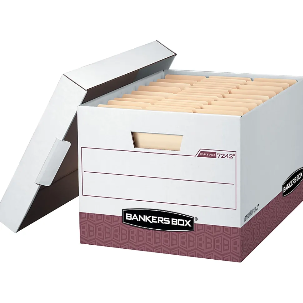 Bankers Box® R Kive® Standard-Duty Storage Boxes With Lift-Off Lids, Letter/Legal Size, 15" x 12" x 10", 60% Recycled, White/Red, Case Of 12