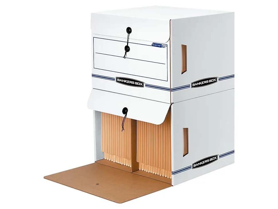 Bankers Box® Side Tab Storage Storage Files, Letter Size, 11 1/4" x 16" x 14", White/Blue, Case Of 12