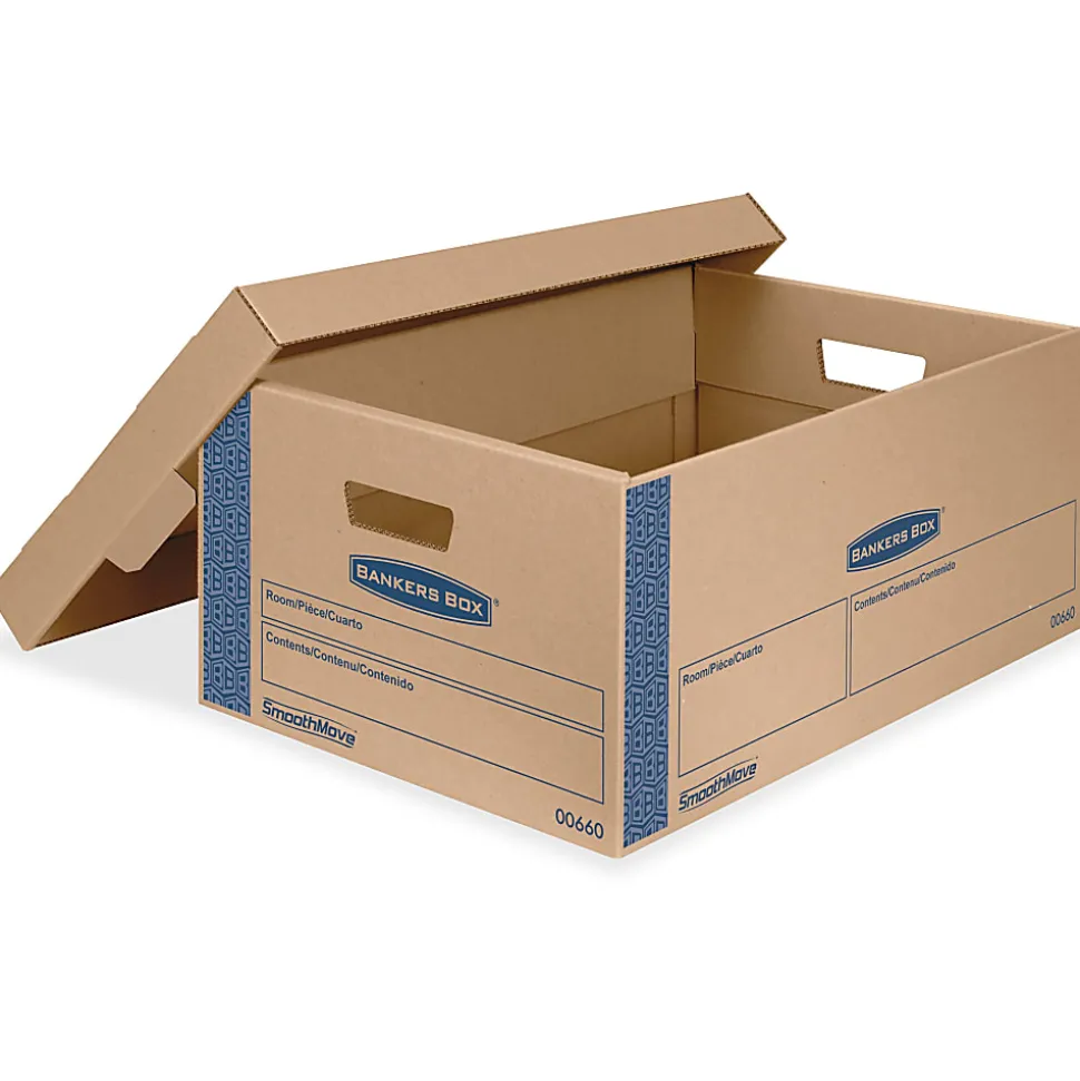 Bankers Box® SmoothMove™ Prime Lift-Off Lid Moving Boxes, Large, 24" x 15" x 10", Kraft/Blue, Pack Of 8