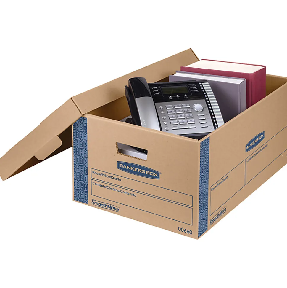 Bankers Box® SmoothMove™ Prime Lift-Off Lid Moving Boxes, Large, 24" x 15" x 10", Kraft/Blue, Pack Of 8