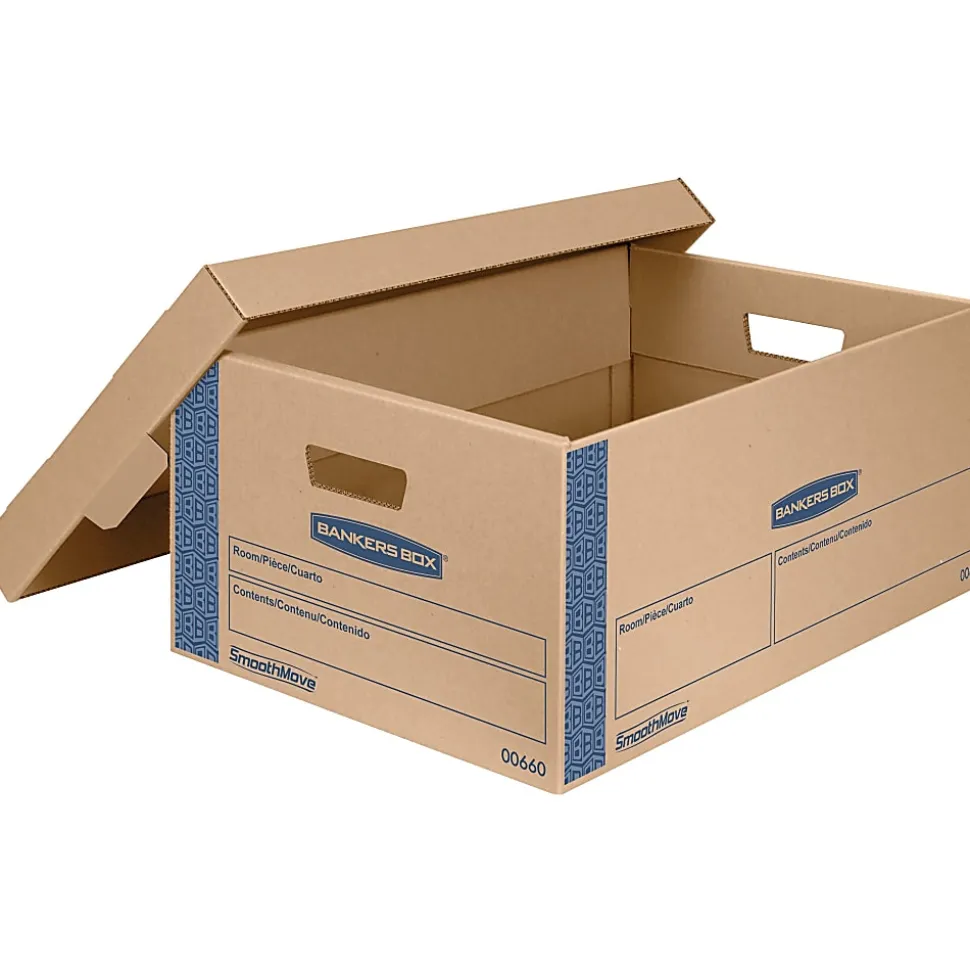 Bankers Box® SmoothMove™ Prime Lift-Off Lid Moving Boxes, Large, 24" x 15" x 10", Kraft/Blue, Pack Of 8
