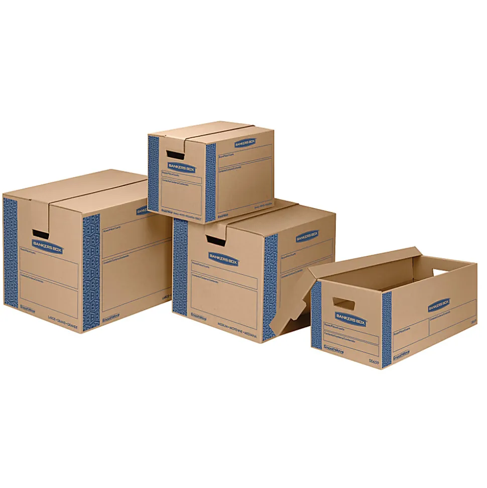Bankers Box® SmoothMove™ Prime Lift-Off Lid Moving Boxes, Small, 24" x 12" x 10", Kraft/Blue, Pack Of 8