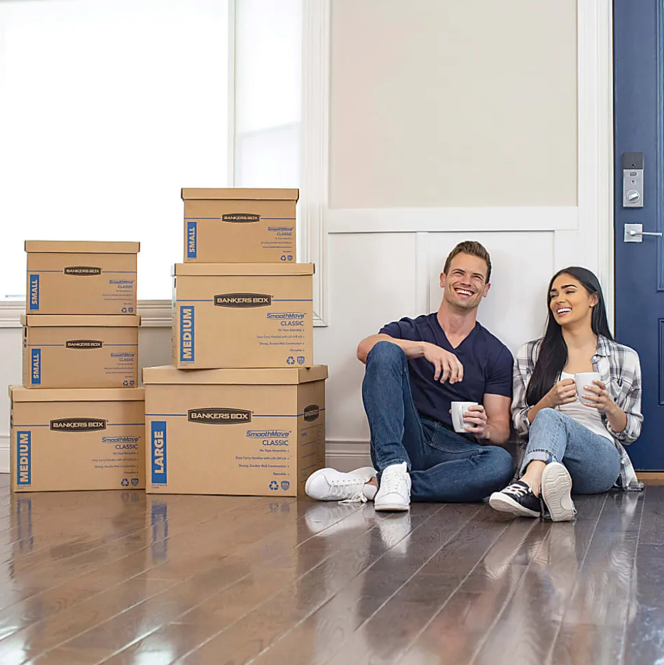 Bankers Box® SmoothMove™ Prime Lift-Off Lid Moving Boxes, Small, 24" x 12" x 10", Kraft/Blue, Pack Of 8