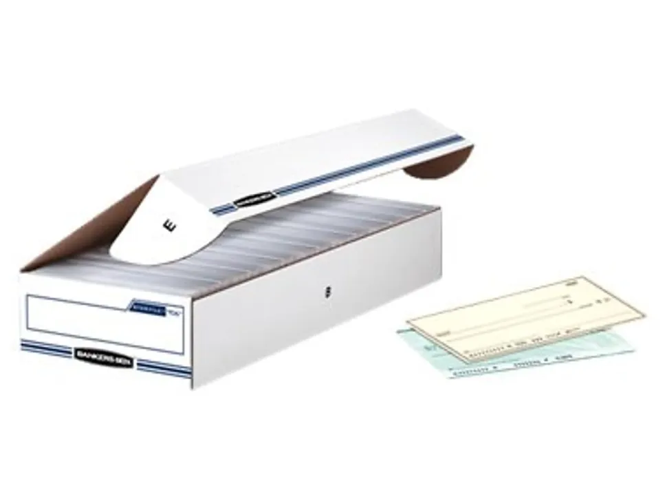 Bankers Box® Stor/File™ Check/Deposit Slip Storage Box With Flip-Top Closure, 24" x 9" x 4", 60% Recycled, White/Blue