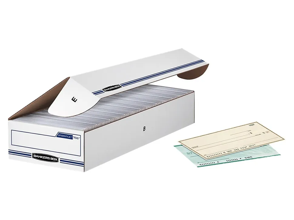 Bankers Box® Stor/File™ Check/Deposit Slip Storage Box With Flip-Top Closure, 24" x 9" x 4", 60% Recycled, White/Blue