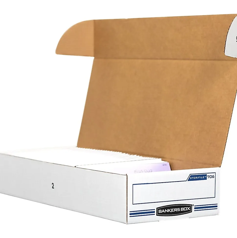 Bankers Box® Stor/File™ Check/Deposit Slip Storage Box With Flip-Top Closure, 24" x 9" x 4", 60% Recycled, White/Blue